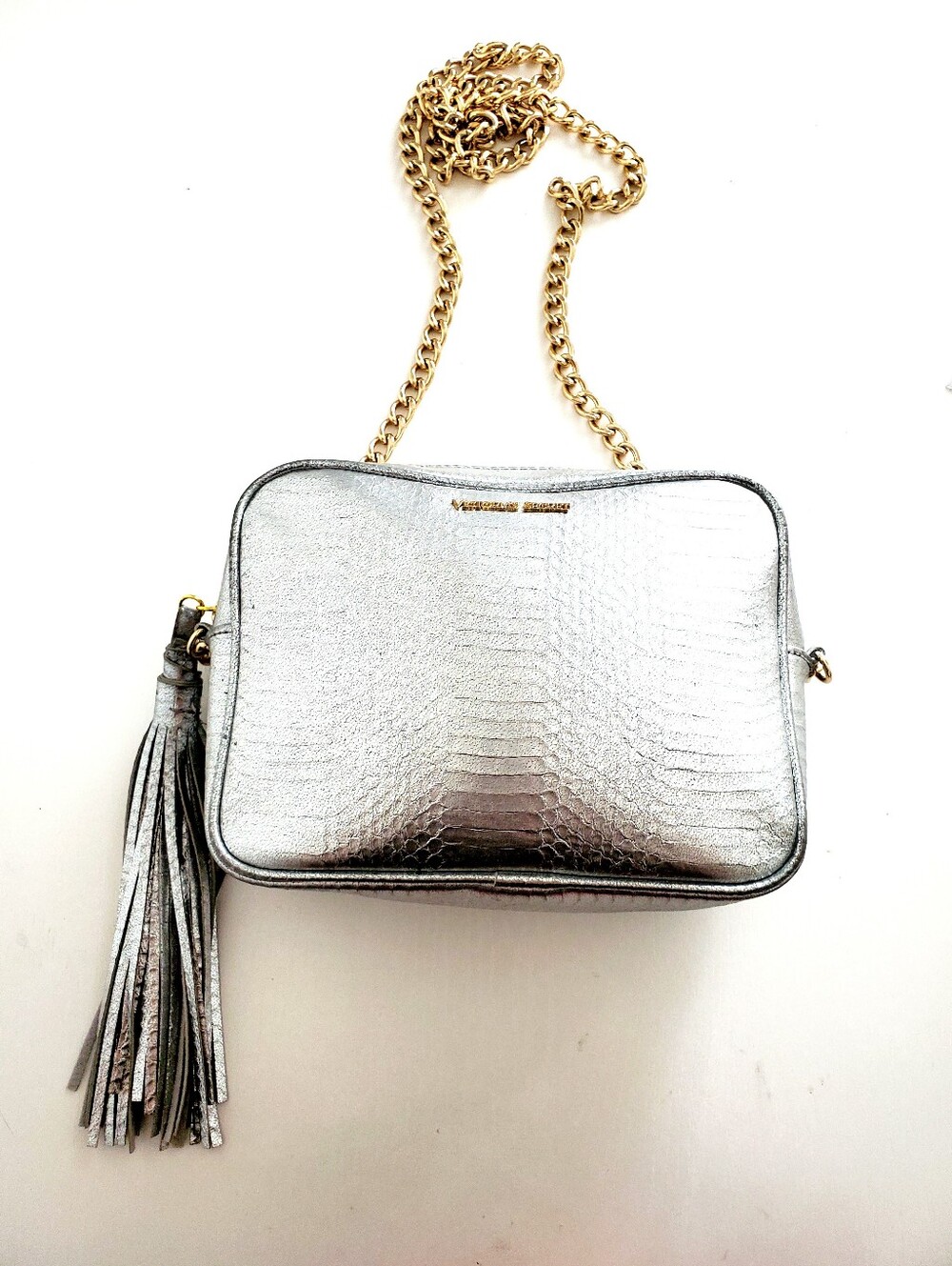 Victoria's Secret Faux Leather Silver Crossbody Bag with Gold Chain